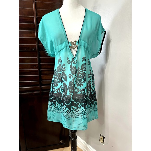 BECCA Other - Becca Womens Swim Cover Up Green Black Floral Polka Dot Tie Waist Plunge XS/S